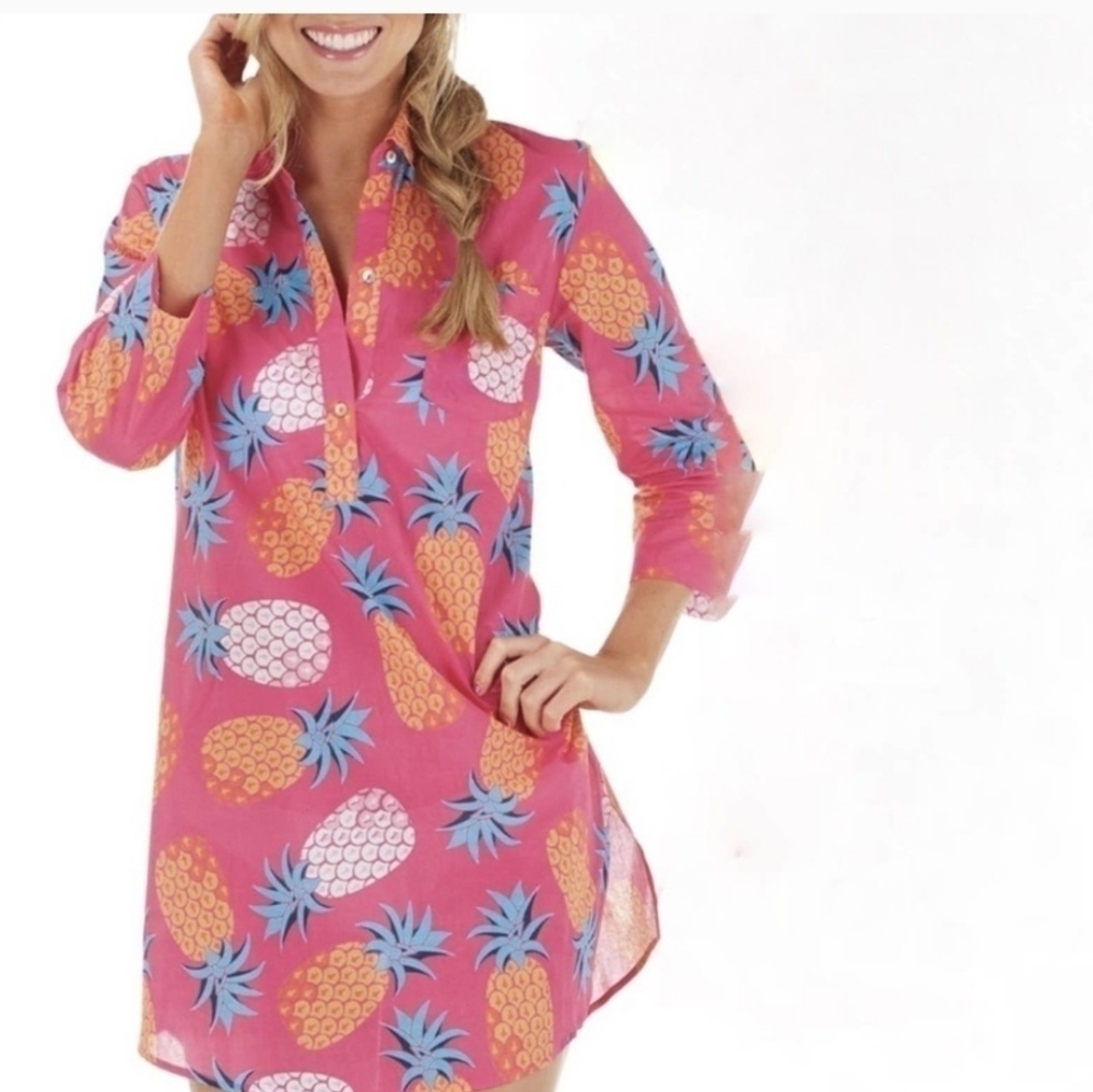 Mudpie Pineapple Pink Vibrant Colors print tunic Cover Up Mini Beachy Pool dress